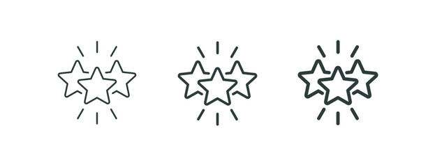 Premium 3 stars, shining excellence award, outline icons. Line signs sparkling three five-pointed stars with rays. Vector isolated pictograms for web and app on white background editable stroke.