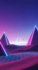 digital desert with neon pyramids and glowing mirage, synthwave tones