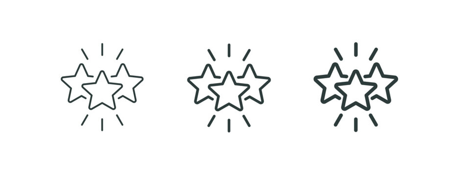Premium 3 stars, shining excellence award, outline icons. Line signs sparkling three five-pointed stars with rays. Vector isolated pictograms for web and app on white background editable stroke.
