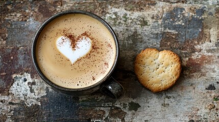 Heart-Shaped Latte Art with Cookie on Rustic Wooden Background
