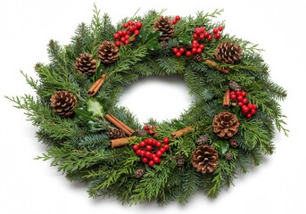 A beautiful Christmas wreath with festive decorations isolated on white background.