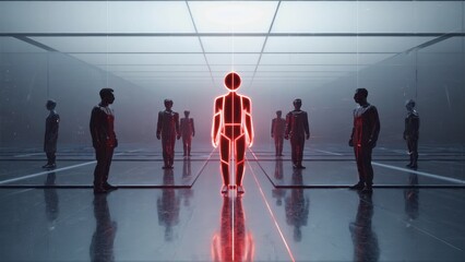 Captivating scene features silhouetted figures against vibrant neon lights, showcasing themes of AI, advanced technology, and human interactions in a scifi environment reality merges with the digital