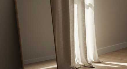 Linen curtain bathed in light beside a mirror reflecting the sunlit room