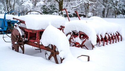 Antique farming equipment buried under a thick blanket of snow in winter landscape