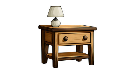 Rustic wooden nightstand with lamp isolated on transparent background