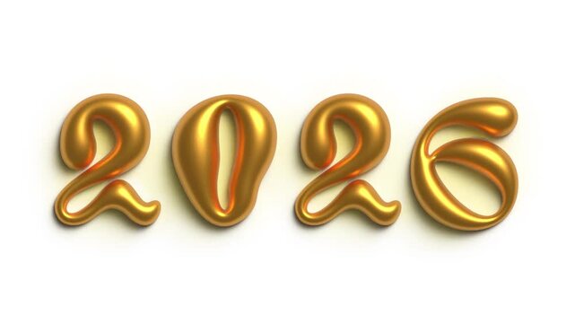 Horizontal 4K video banner. Gold shiny hand drawn volumetric 3D number 2026 appear from pixels on white background. Decorative bold font. Liquid letter. Bright shiny text. Winter holiday, New Year