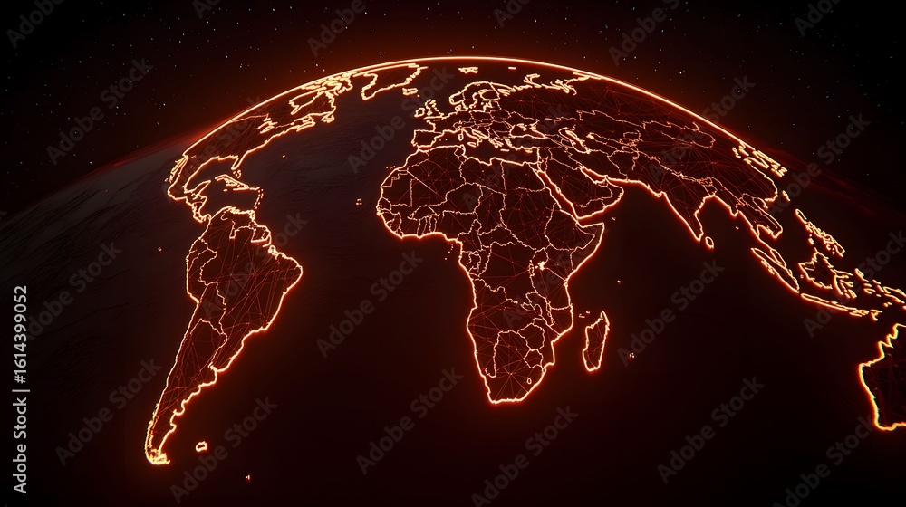 Poster the image displays a glowing, interconnected world map with fiery orange lines against a dark, starr