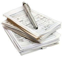 A stack of papers, likely forms or documents, with a pen resting on top. The papers are arranged in a thick, slightly tilted stack, showing various printed lines and grids