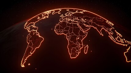 The image displays a glowing, interconnected world map with fiery orange lines against a dark, starry backdrop, creating a futuristic and dramatic representation.