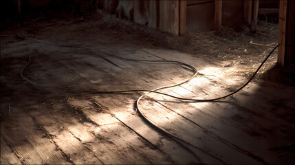 Long wire curving across dusty barn floor
