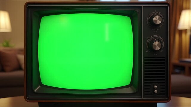 Stylized green screen TV mock-up croma key with a retro body design, gently glitching as the frame reveals warm analog surroundings.