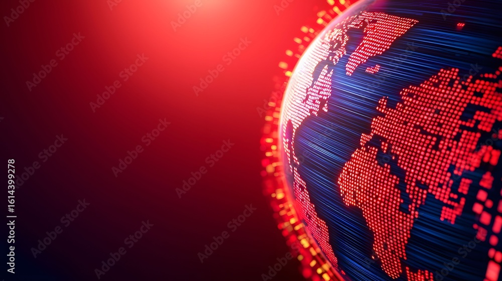 Poster the image shows a digital globe with red highlighted continents and blue lines, set against a gradie