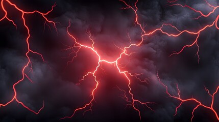 The image displays a visually arresting scene of intense red lightning bolts streaking across a dark, ominous sky filled with turbulent, swirling clouds, creating a dramatic effect.