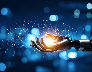 Futuristic robotic arm interacting with digital network