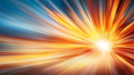 The image features a burst of light and color, with streaks of orange, yellow, and teal emanating from a central point, giving a sense of speed or motion, while connecting nodes.