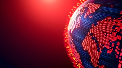 The image shows a digital globe with red highlighted continents and blue lines, set against a gradient dark red backdrop, creating a high-tech and futuristic feel.