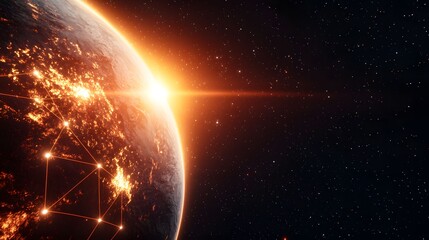The image showcases a planet with glowing cities and interconnected network lines against a stellar backdrop, illuminated by the radiant light of a nearby sun.