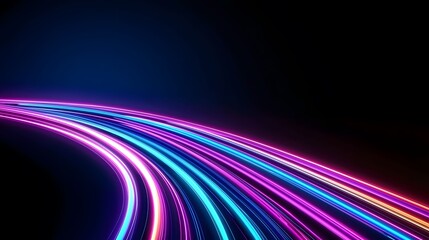 The image presents an artistic rendering of vibrant, colorful light trails in shades of blue, pink, and purple against a dark background, creating a dynamic and futuristic effect.
