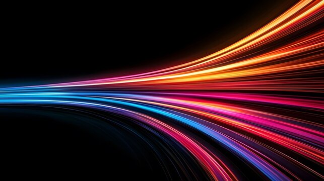 The image displays a series of vibrant, colorful light streaks that converge into the distance against a dark, almost black background, creating a dynamic motion effect.
