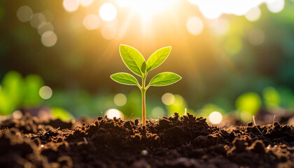 Sun-kissed Sapling: A tiny sprout emerges from the rich earth, its vibrant green leaves reaching towards the sunlight, symbolizing growth, new life, and the beauty of nature.