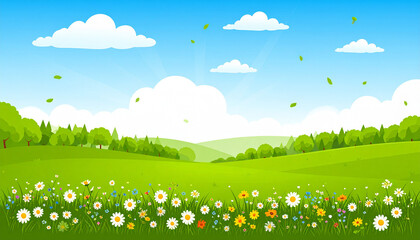 Idyllic Green Meadow under Blue Sky: Capturing a breathtaking landscape scene featuring a vibrant green meadow, gently rolling hills, scattered white clouds, and a clear blue sky.