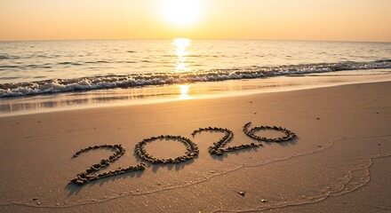 Inscription of the Year 2020 on a Beach During Sunset. 