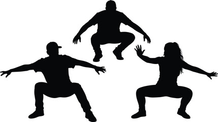 Three human silhouettes in active squatting posture, workout motion, exercise movement, black figures, cad drawing flat vector illustration