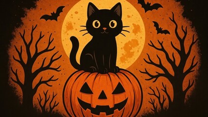 Halloween cat on pumpkin illustration.
