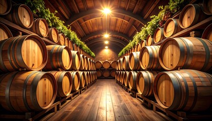 Aromatic aging: Rows of wooden wine barrels in a traditional cellar environment