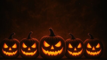 Glowing pumpkins in eerie darkness.