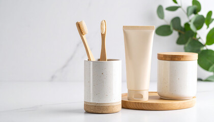 Morning Essentials: A curated selection of natural, sustainable dental hygiene products, including a bamboo toothbrush, toothpaste, and a container, presented against a clean, minimalist backdrop.