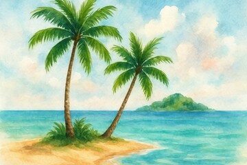 Tropical paradise watercolor island scene.