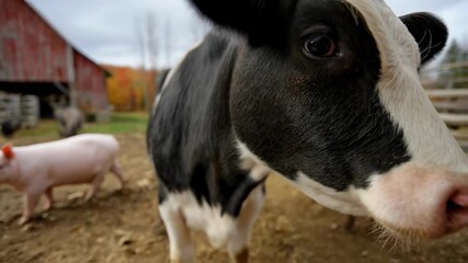 A closeup view of a cows gentle face surrounded by a lively farm setting with pigs goats and chickens nearby. Great for websites focused on farm care animal welfare or agriculture awareness - Powered by Adobe