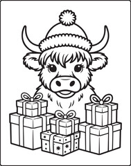 Naklejka premium Beautiful highland cow wearing christmas hat with gift boxes black outline silhouette vector for coloring page or book design kids