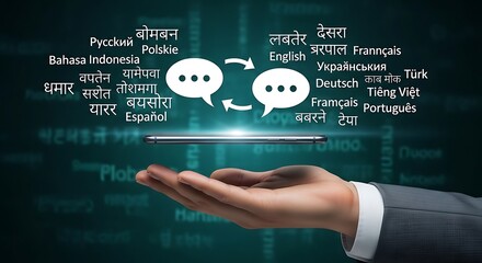 A hand holds a tablet displaying multilingual communication, symbolizing global connectivity and translation.