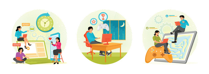 Screen Addiction, Gaming Disorder, Multi-player Online Battle Arena. Digital overload concept.