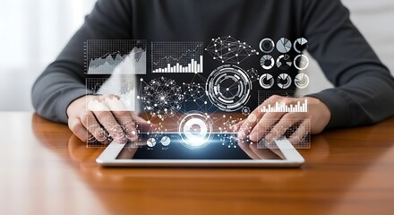 Person using a tablet with holographic data visualizations displayed above the screen.