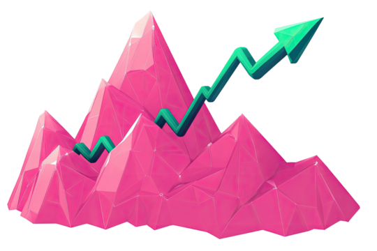 Pink crystalline mountain with upward trending graph