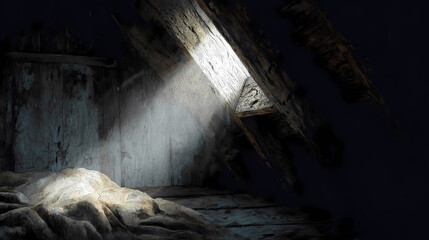 Narrow attic window casting vertical light beam onto moth-eaten blanket