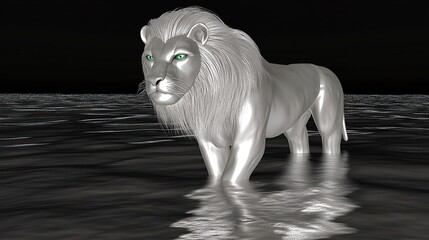 Silver lion, water, dark background, 3D render, fantasy