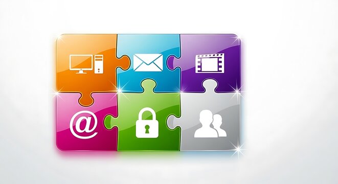 Six colorful puzzle pieces interlock, each displaying a different communication or technology icon.