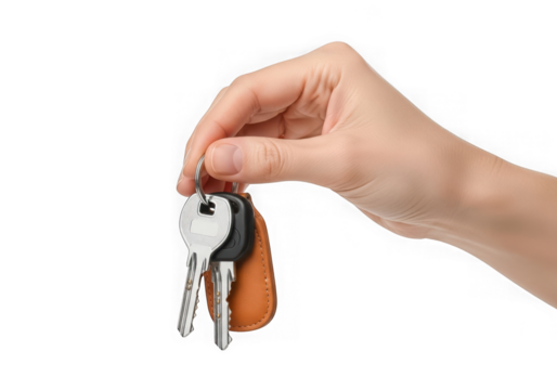 A persons hand holds a set of keys with a leather fob on a keychain isolated on transparent background