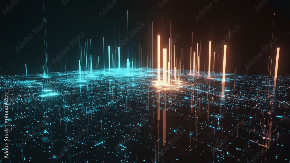 Poster a high-tech futuristic digital city map glowing with tall vertical light structures in bright orange