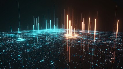 A high-tech futuristic digital city map glowing with tall vertical light structures in bright orange, cyan tones, simulating data traffic and network density in conceptual smart metropolis environment