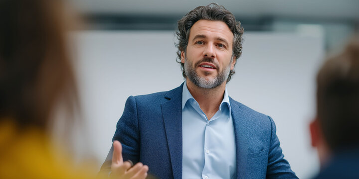 40-year-old Latino businessman talking to his coworkers - Powered by Adobe