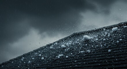 Hailstones accumulate on a dark-grey sloped roof during a stormy, overcast day with heavy precipitation.  The hail is various sizes, some accumulating in small piles.  The sky is dark and dramatic