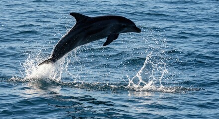 A sleek, dark-colored dolphin leaps gracefully from the ocean's surface, its body arcing elegantly against a backdrop of deep blue water.  Water splashes around it in a dynamic display of energy
