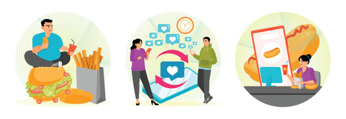 Overeating Addiction, Mindlessly Scrolling,  Snacking Non-stop. Addictive habits concept.