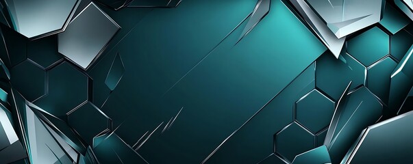 A sleek digital-style hexagonal background in dark teal and silver with sharp edges and high-contrast details