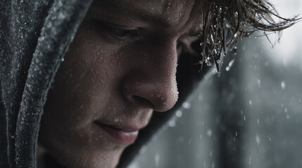 Moody portrait of young person in hood drenched by rain with water droplets on face